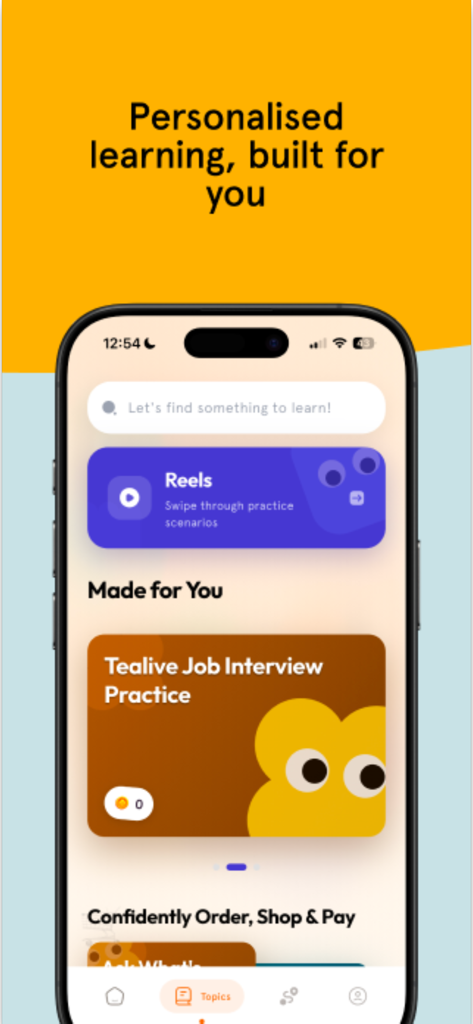 Kelas Sekejap - Kelas Sekejap app screen showing personalized English speaking lessons and practice scenarios