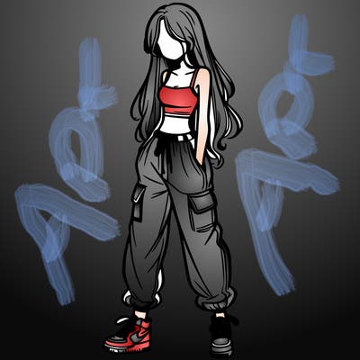 girl in baggy pants crop top and long hair
