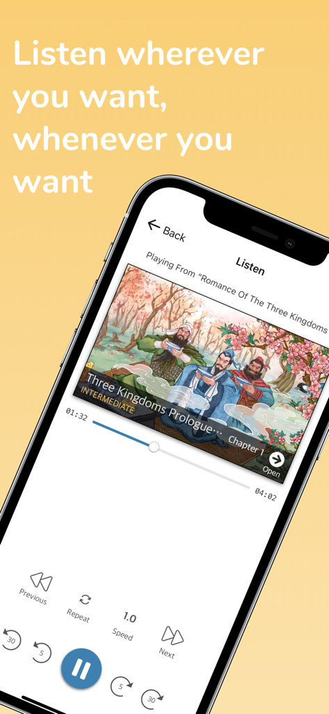 Uno smartphone che mostra l'interfaccia del lettore audio dell'app Du Chinese mentre riproduce una storia intitolata Il Romanzo dei Tre Regni per l'apprendimento del mandarino