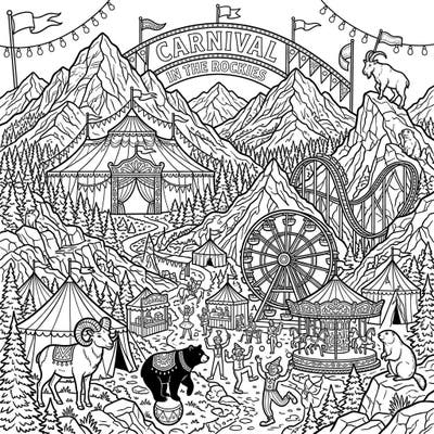 Step right up to the most extraordinary carnival you've ever seen, nestled high in the majestic Rocky Mountains! This captivating coloring page combines rugged peaks with thrilling rides and lively circus acts for endless creative fun.