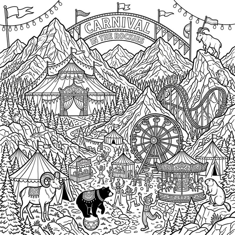 Step right up to the most extraordinary carnival you've ever seen, nestled high in the majestic Rocky Mountains! This captivating coloring page combines rugged peaks with thrilling rides and lively circus acts for endless creative fun.