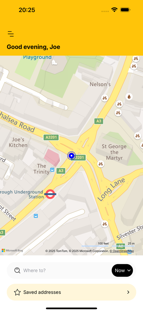 Yellow Star Taxis - Yellow Star Taxis app booking screen showing a map with a current location pin and destination search bar