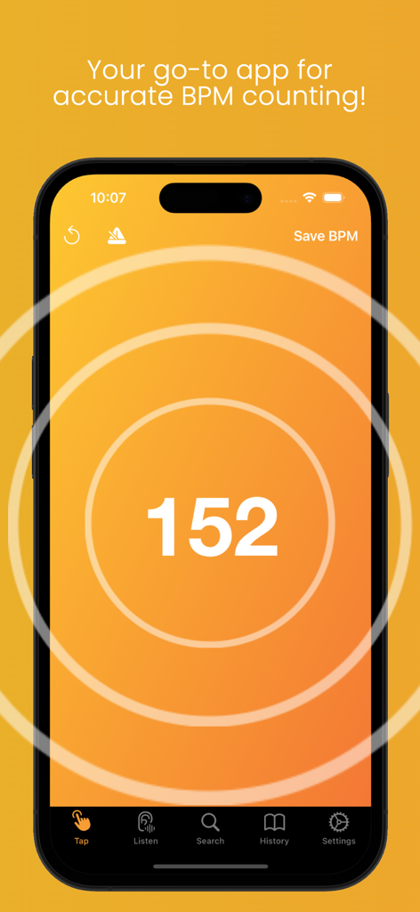 BPM Counter & Detector - BPM Counter and Detector app interface on an iPhone showing a tempo of 152 beats per minute