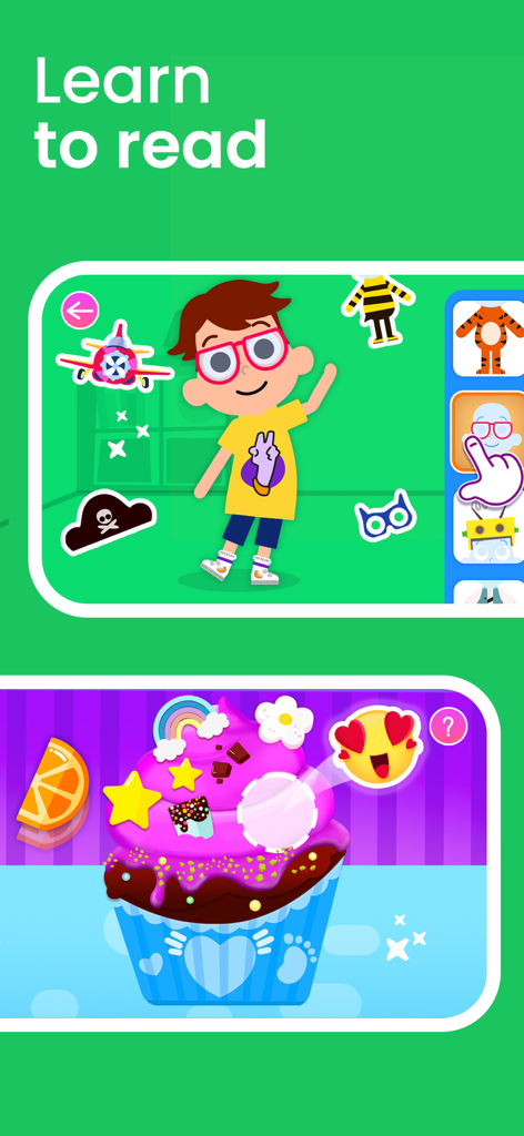 Capturas de tela do aplicativo Smart Tales mostrando personalização de personagens e atividades interativas de decoração de cupcakes para crianças.
