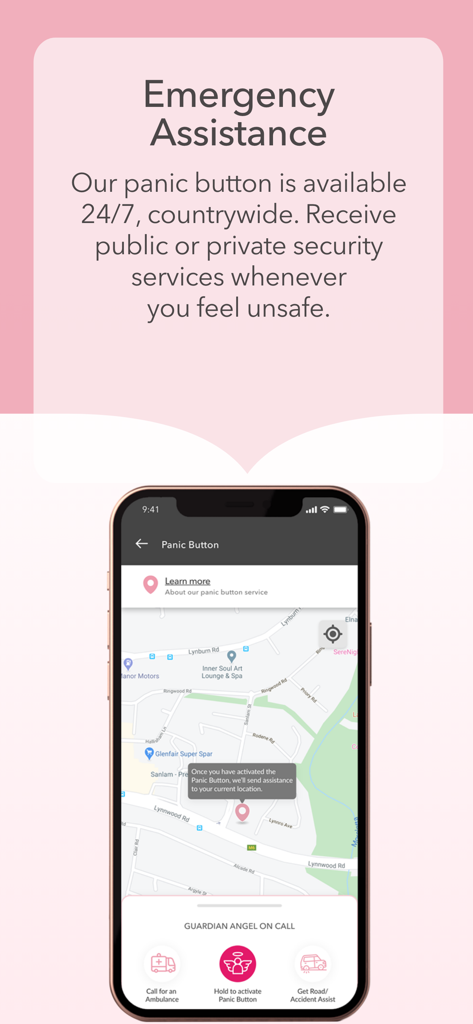 1st for Women mobile app interface showing the emergency assistance and panic button feature with a map view.