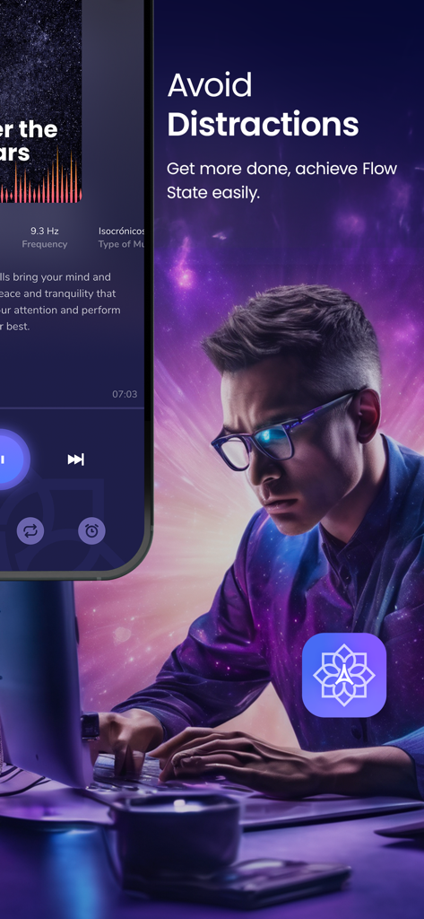 Aloharmony - Un hombre profesional concentrado frente a una computadora con texto resaltando cómo evitar distracciones y lograr un estado de flujo usando la aplicación Aloharmony.