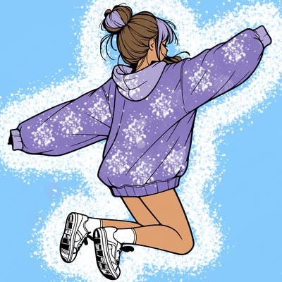 realistic girl jumping with a bun and oversized sweatshirt