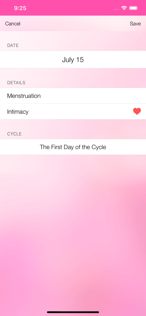 Menstrual Cycle Tracker - A screen from the Menstrual Cycle Tracker app for logging period start date and intimacy