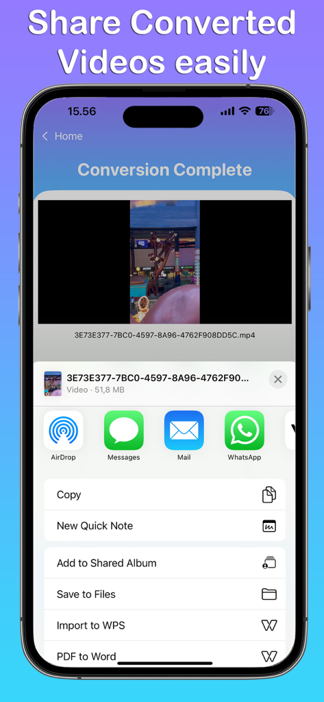 アプリ内で変換されたMP4動画の共有メニューオプションを表示するiPhone画面