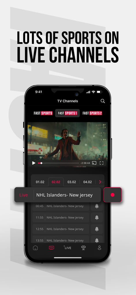 Fast TV app interface displaying live sports channels and NHL programming schedule