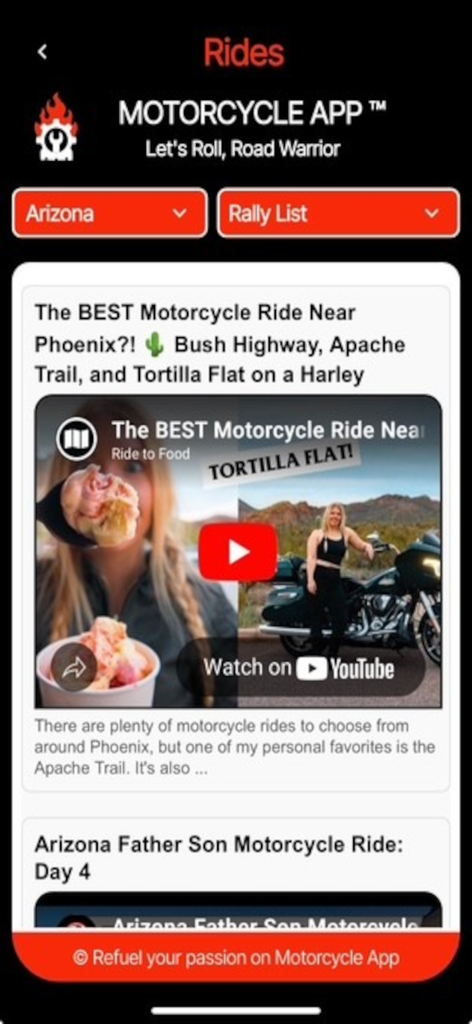 Motorcycle.App - Motorcycle App Rides screen showing recommended routes in Arizona with video previews.