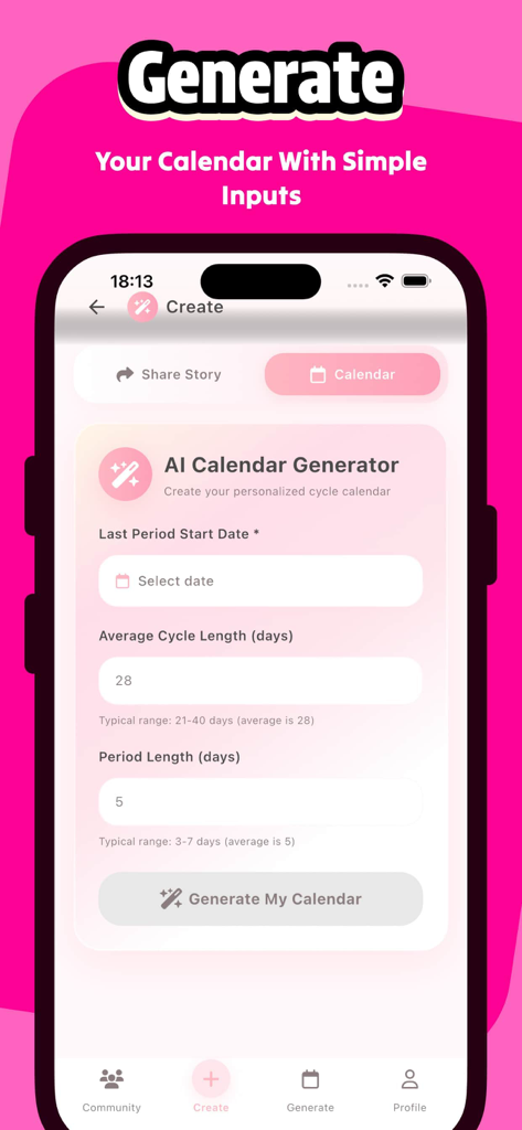 Vinee app interface showing the AI cycle calendar generator with inputs for period dates and cycle length