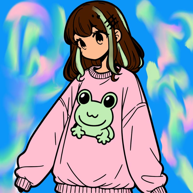 girl wearing frogging sweatshirt