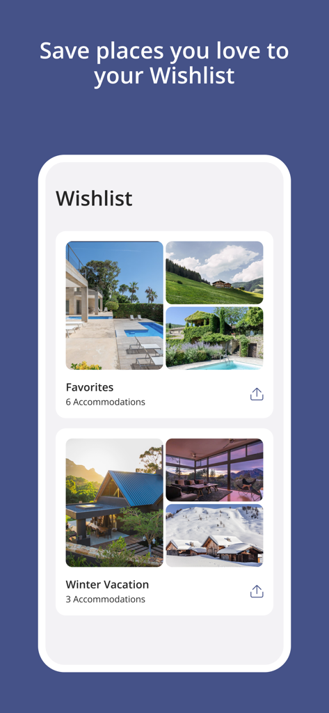 Casamundo mobile app screen showing a wishlist of saved vacation rental homes and winter chalets.
