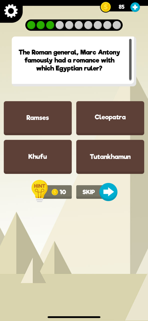 History: Quiz Game & Trivia - Pregunta de trivia de historia sobre Marco Antonio y Cleopatra en un juego de preguntas móvil