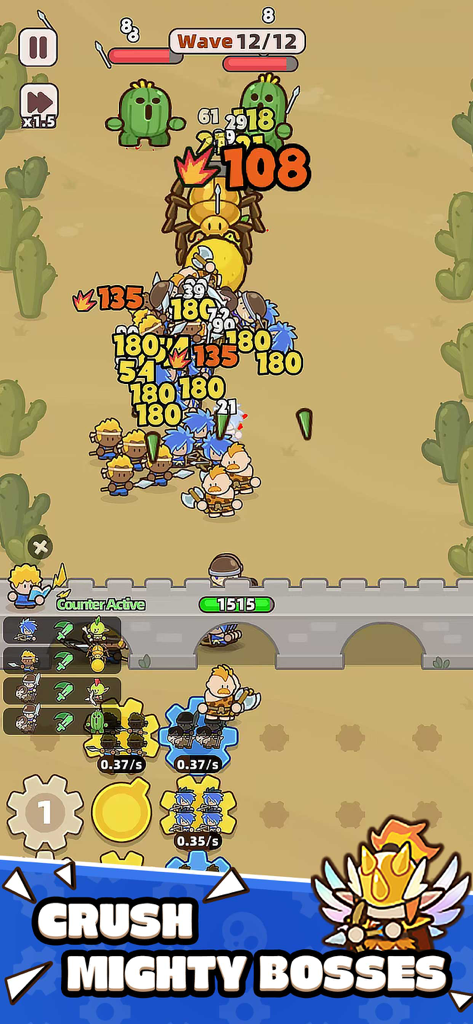 Gear Defenders - Captura de pantalla del juego Gear Defenders mostrando una batalla táctica contra un jefe araña gigante y enemigos del desierto