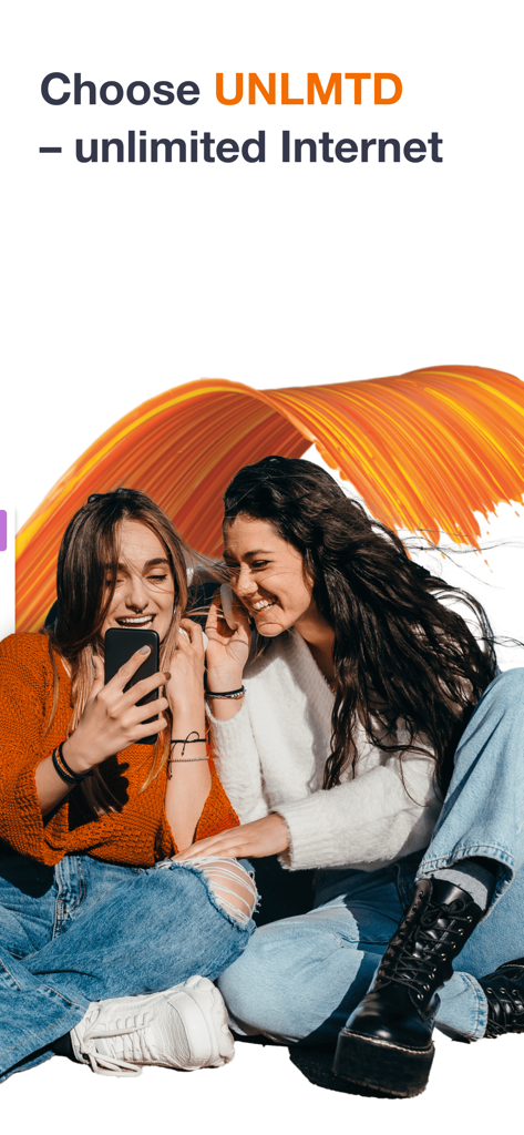 Two women looking at a smartphone with text about unlimited internet