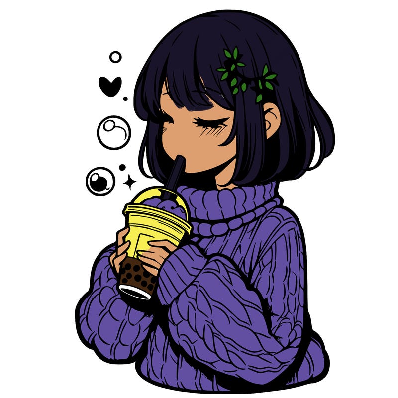 manga girl drinking boba in cozy sweater