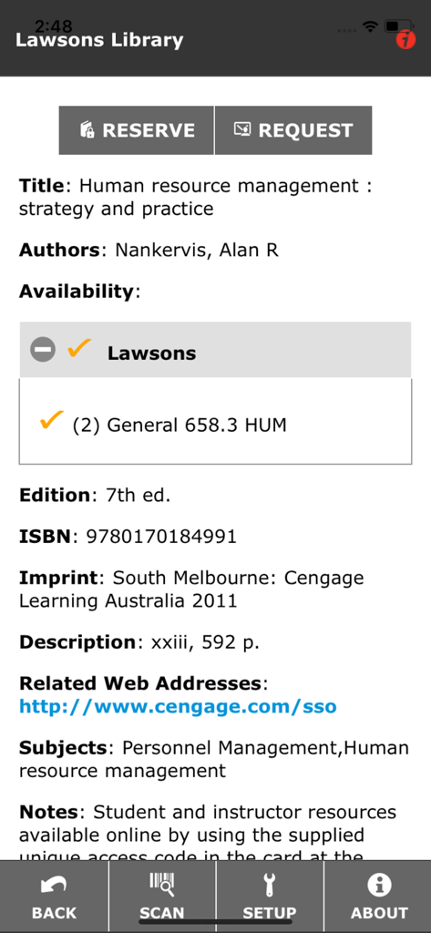 Liberty Link - Liberty Link app showing book details for Human Resource Management including availability and reservation options
