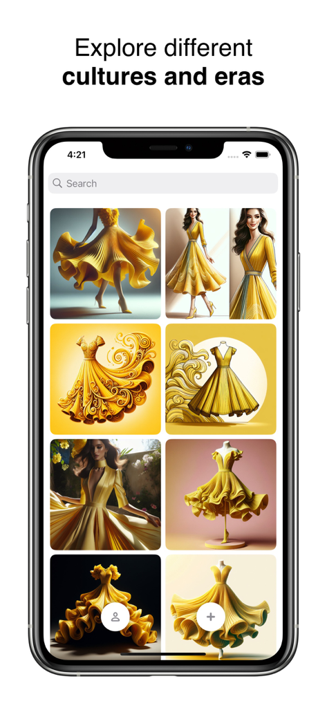 Una pantalla de smartphone que muestra una cuadrícula de diseños de moda generados por IA con vestidos amarillos.