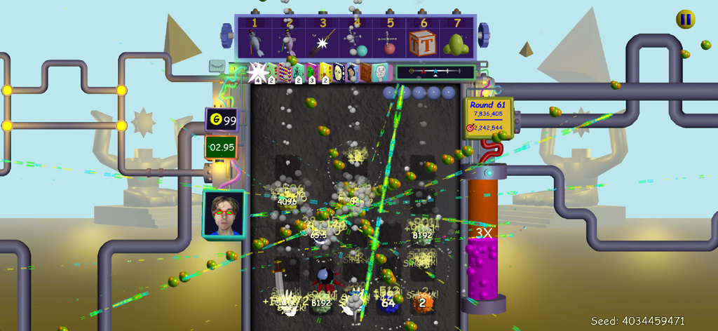 Nubby's Number Factory - Gameplay of Nubbys Number Factory showing a Plinko board with big numbers and item synergies