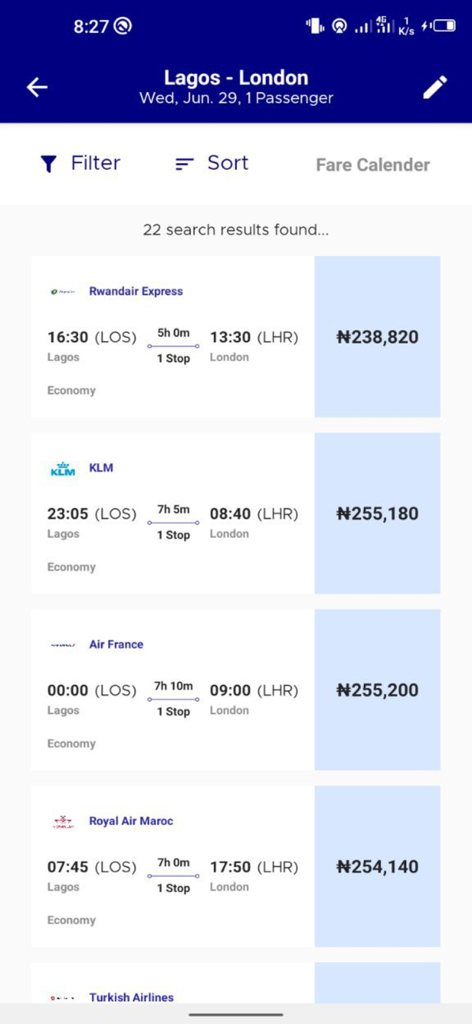 Travelbeta - Mobile app interface showing flight search results from Lagos to London with multiple airline options and prices
