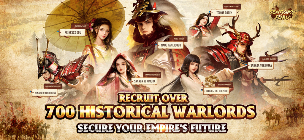 A group of historical Sengoku period warlords and princesses in an artistic ukiyoe style for the mobile strategy game Sengoku Fubu
