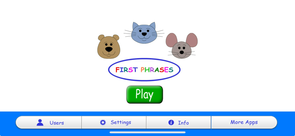 First Phrases HD - Main menu of the First Phrases HD app featuring animal characters and a large green play button