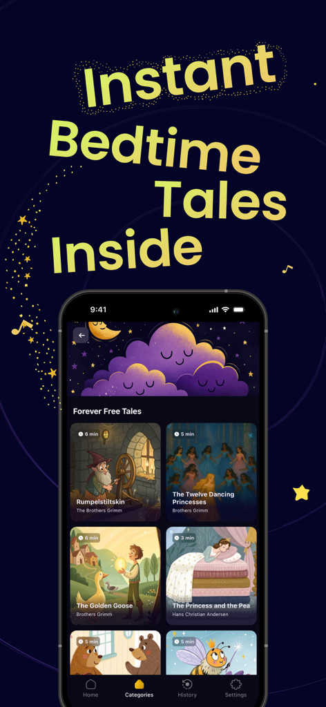 Dreamie Kids: Audio Fairytales - Interfaz de la aplicación Dreamie Kids que muestra una selección de audi Cuentos de hadas clásicos para dormir para niños