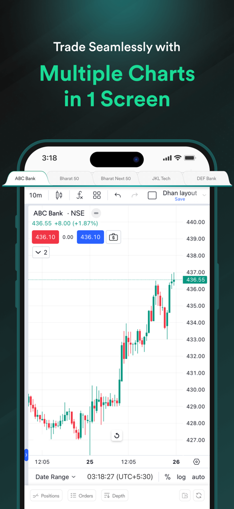 Dhan: Share Market Trading App - Dhan mobile app interface displaying a stock candlestick chart for NSE with tabs for switching between multiple charts.