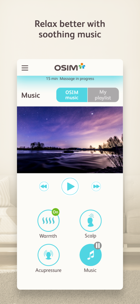 OSIM Relax and Relieve - OSIM Relax and Relieve app interface showing music playback and massage settings like warmth and scalp intensity.