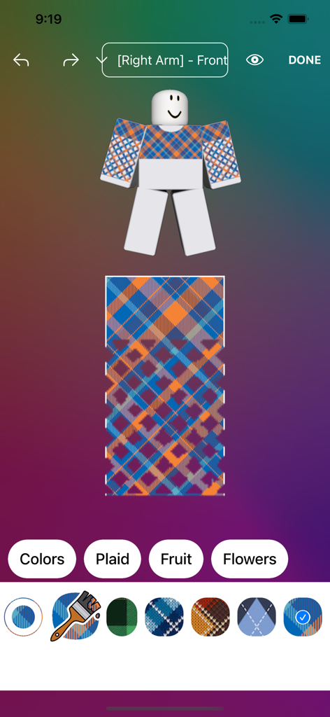 Skins Clothes - Avatar Editor - Roblox avatar editor interface showing a custom plaid pattern being applied to a characters arm.