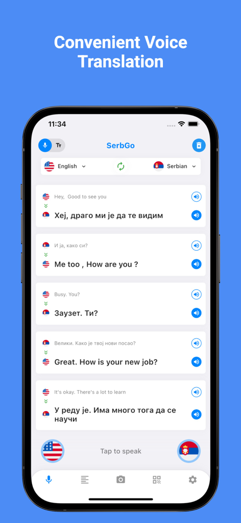 Serbian Translator Pro + - Interface de traduction vocale de l'anglais vers le serbe sur l'application mobile SerbGo montrant une conversation