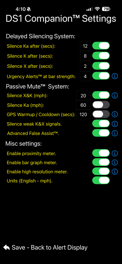 DS1 Companion - Settings screen of the DS1 Companion app showing silencing systems and passive mute options for radar detectors