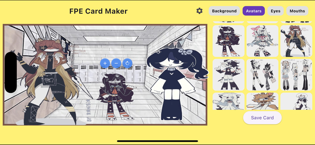 FPE OC Maker : Game Avatar - FPE OC Maker app interface showing characters in a school hallway background with an avatar selection sidebar