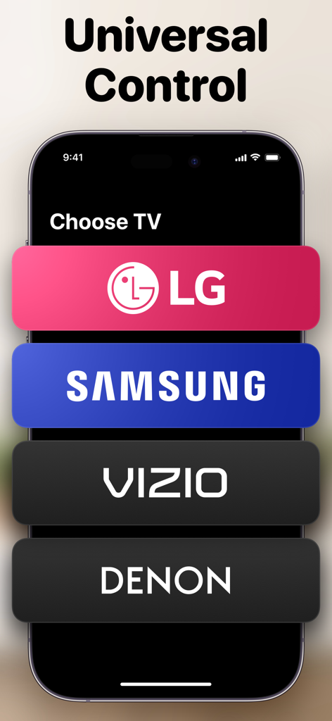 TV Remote +ㅤ - Interfaz de la aplicación de control remoto universal de TV que muestra la selección de marcas para LG Samsung Vizio y Denon