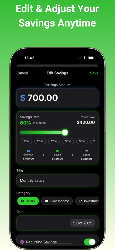Savings - Money Tracker - Interface for editing savings in the Savings app featuring an earnings amount of seven hundred dollars and a sixty percent savings rate.