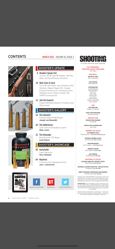 Shooting Times Magazine - Table of contents for Shooting Times Magazine featuring articles on new guns gear ballistics and reloading