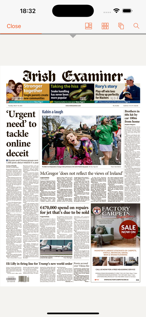 Irish Examiner ePaper - Digital replica of the Irish Examiner newspaper front page shown in the mobile app interface