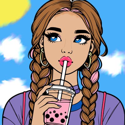 realistic girl with braided hair drinking boba