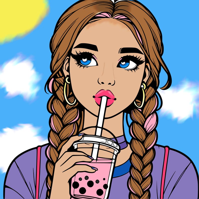 realistic girl with braided hair drinking boba