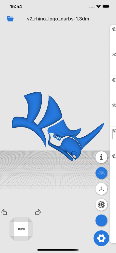 Viewer3D - A 3D model of a blue rhinoceros being viewed on the Viewer3D mobile app interface