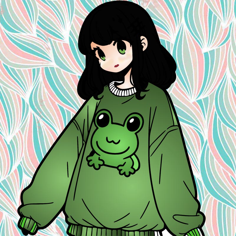 girl wearing frogging sweatshirt