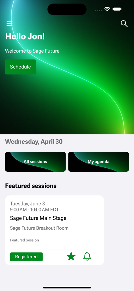 Sage Future Atlanta - Sage Future Atlanta app home screen showing a personalized welcome message and the featured event sessions schedule
