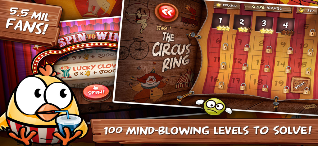 Drop The Chicken 2 The Circus - Drop The Chicken 2 The Circus game interface showing the circus ring stage selection and 100 levels to solve with a cartoon chicken character.