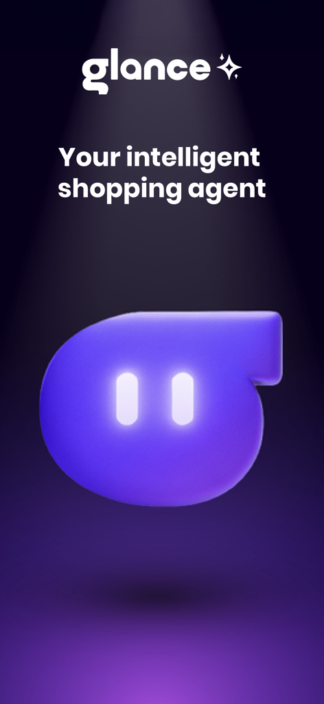 Glance - Shop with AI - Glance app splash screen with the text Your intelligent shopping agent and a purple 3D character icon