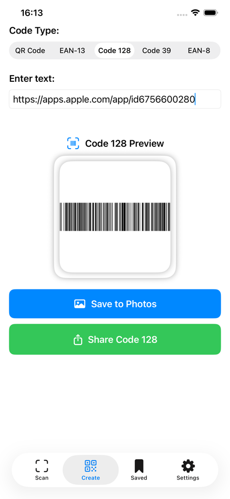 URL 링크에서 사용자 지정 Code 128 바코드 생성을 보여주는 인터페이스