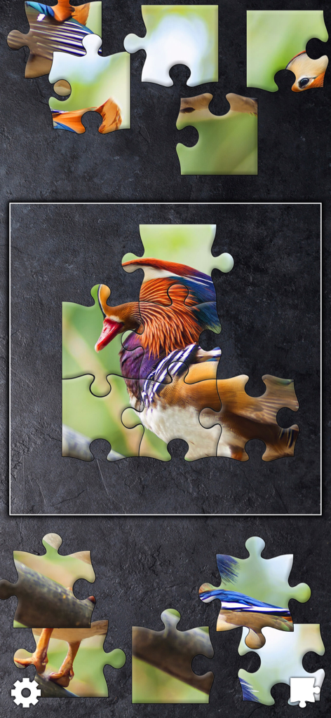 Un colorido rompecabezas de un pato mandarín siendo resuelto en la aplicación Jigsaw Puzzles Titan