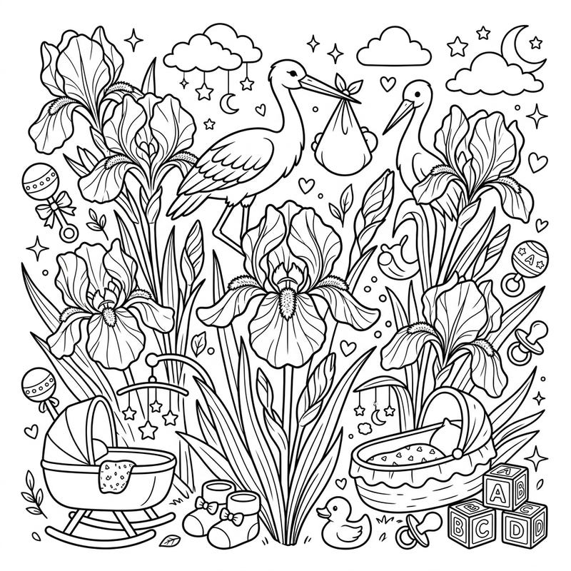 Prepare for a joyful arrival with this enchanting Bearded Iris Baby Shower coloring page. Immerse yourself in a delightful scene combining elegant floral beauty with adorable nursery essentials, perfect for celebrating new life.