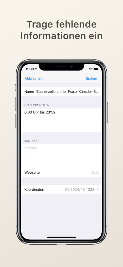 Ein mobiler App-Bildschirm zum Eingeben oder Bearbeiten von Details zu einem öffentlichen Bücherregal, einschließlich Name, Öffnungszeiten und Standortkoordinaten.